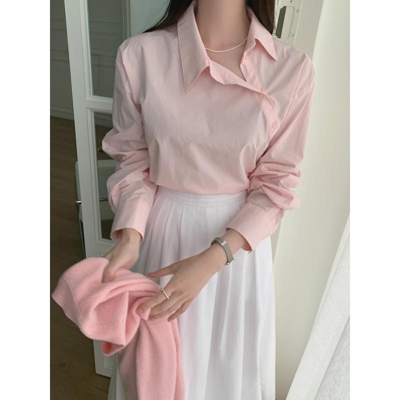 Pink shirt women's design sense niche early spring new basic Korean long-sleeved shirt small top