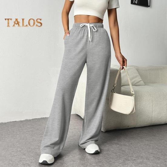 Женские брюки с эластичной высокой талией, регулируемые на шнурке, прямые широкие брюки с карманами, однотонные повседневные брюки