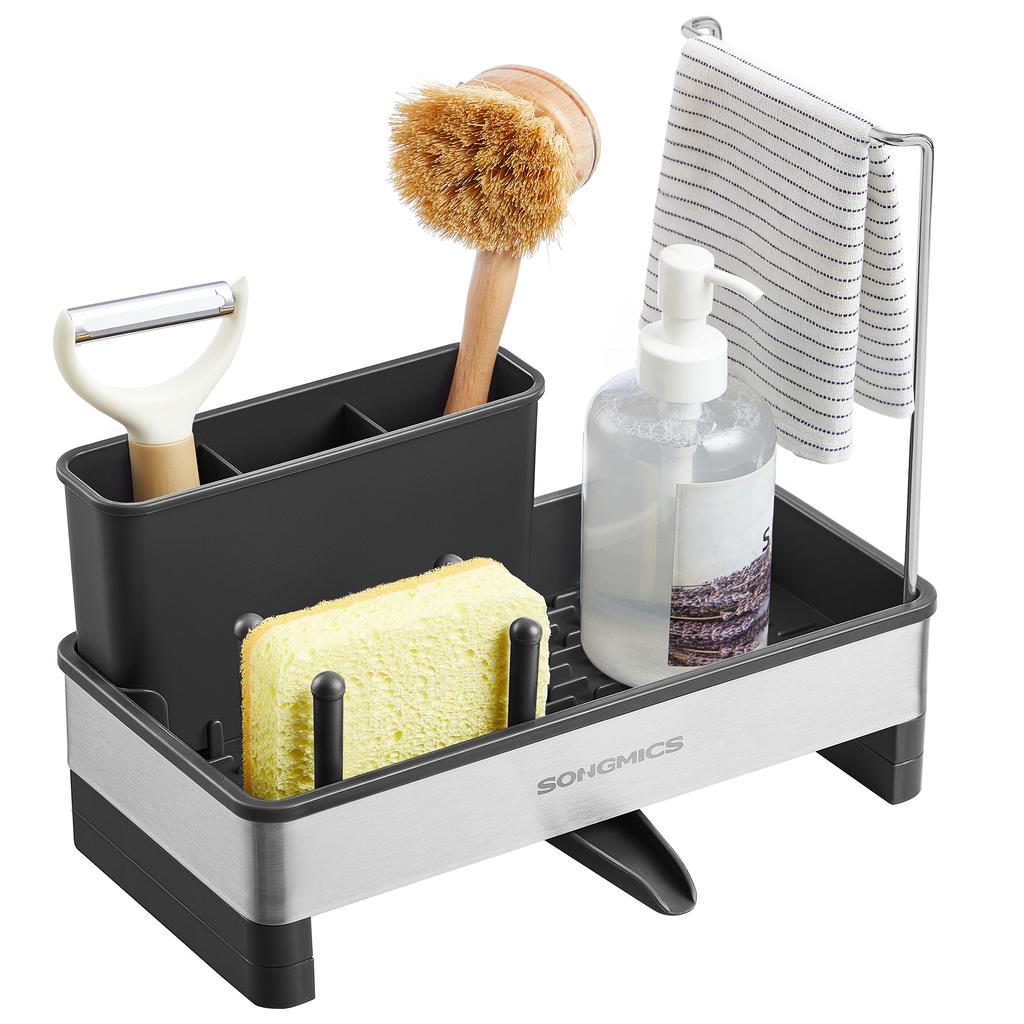 SONGMICS Kitchen Sink Caddy Tidy, Sink Organiser with Sponge Holder, Washing up Caddy for Brushes, Cloths, Soap, Stainless Steel, Space-Saving