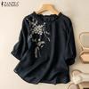 Women Casual Round Neck 3/4 Sleeve Loose Embroidery Cotton Blouse