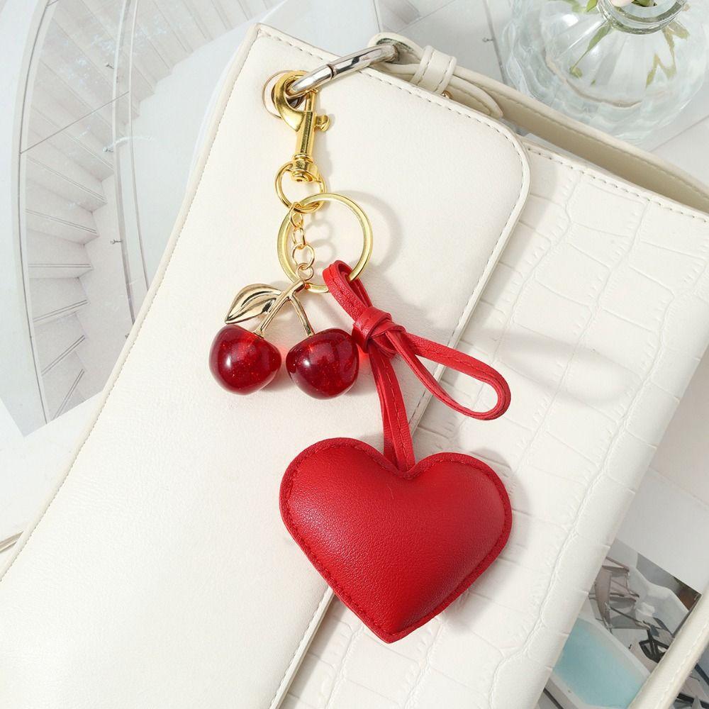 PU Leather Fruit Key Chain Resin Cherry Heart-shaped Keychain Cute Car Decor Gift Giving