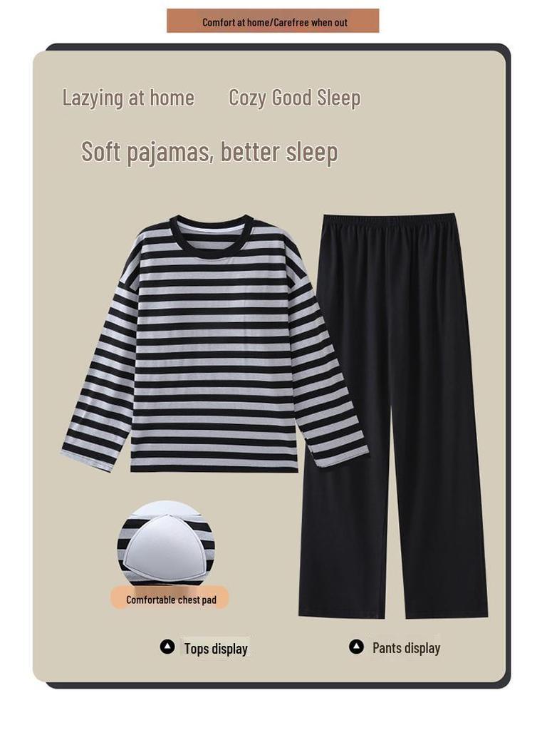 Женская осенняя пижама с круглым вырезом, в полоску, с длинным рукавом и нагрудными вкладышами - Повседневный комплект больших размеров для дома и улицы