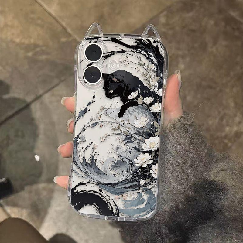 Черный кот Тушь Рисунок Чехол для Телефона Для iPhone 17 16 15 14 13 12 11 Pro Max XR XS MAX 7 8 PLUS INS Кошачьи Ушки Прозрачная Крышка