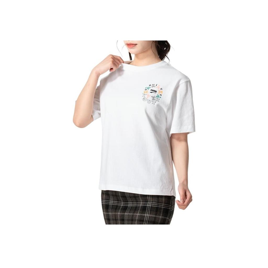 Puma Running Fitness Outdoor Casual Print Round Neck Pullover Short Sleeve Drop Shoulder T-Shirt Women Tops White 626119-52