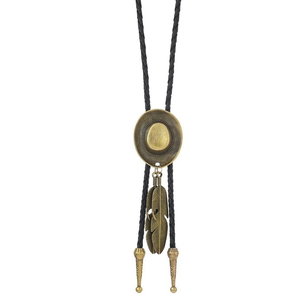 Unisex Western Cowboy Hat Necklace Leather Rope Metal Feather Necktie Long Pendant Chain Daily
