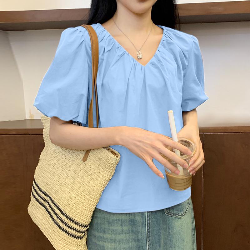 VONDA Women Summer V-Neck Puff Short Sleeve Blouses