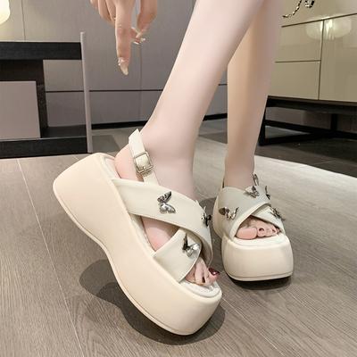 Модные 7 см квадратный носокТрехмерные босоножки-бабочкиЛетние новые толстые подошвыБисквитные пляжные римские сандалии и тапочки