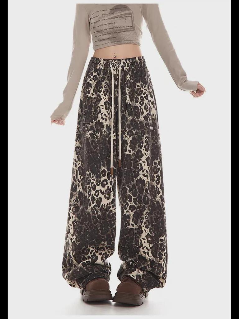 Женский комбинезон в стиле ретро с леопардовым принтом 2024 года в стиле хип-хоп — модные свободные повседневные брюки для уличных танцев