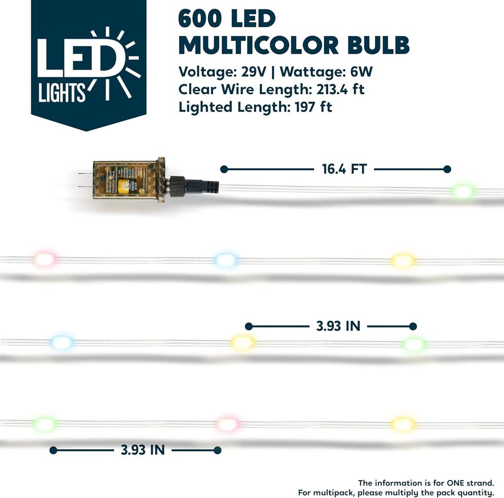 JOYFY 600 светодиодных рождественских огней 197 футов многоцветные огни для рождественской елки с 8 режимами таймер ПВХ прозрачный провод гирлянда с катушкой