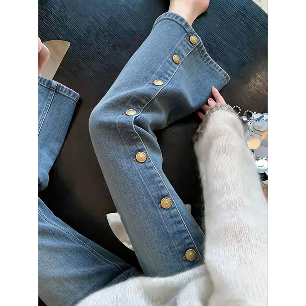 French retro side-breasted jeans women's summer thin high-waisted thin straight loose design niche trousers