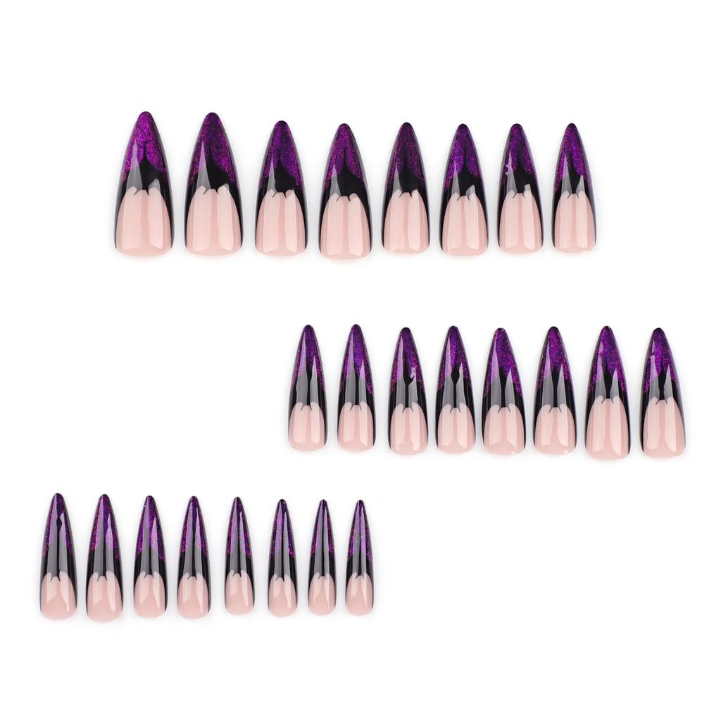 24 PCs Halloween Long Sharp Shape False Nail French Purple Wearable Nail Plate with 1 File and 1 Jelly Glue