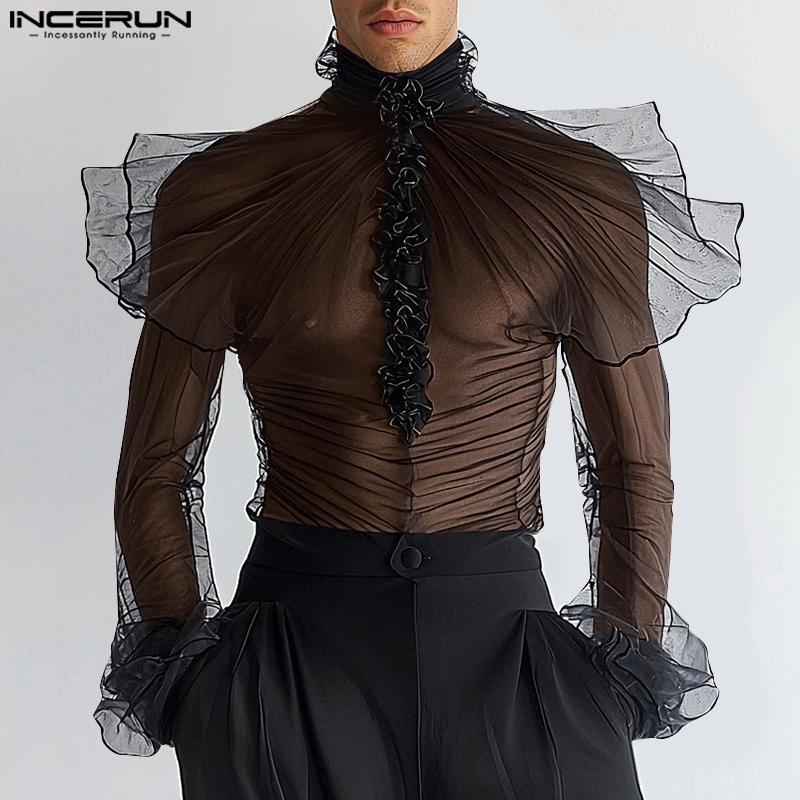INCERUN Мужские футболки с длинным рукавом, оборками, нерегулярными слоями, сетка, клубная одежда для вечеринок, топы