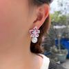 Изысканные серьги-подвески с цирконами, с кубическим цирконием нежного розово-красного цвета, в виде милого цветка и жемчуга, для женщин, шикарные украшения для свадебной вечеринки E1157