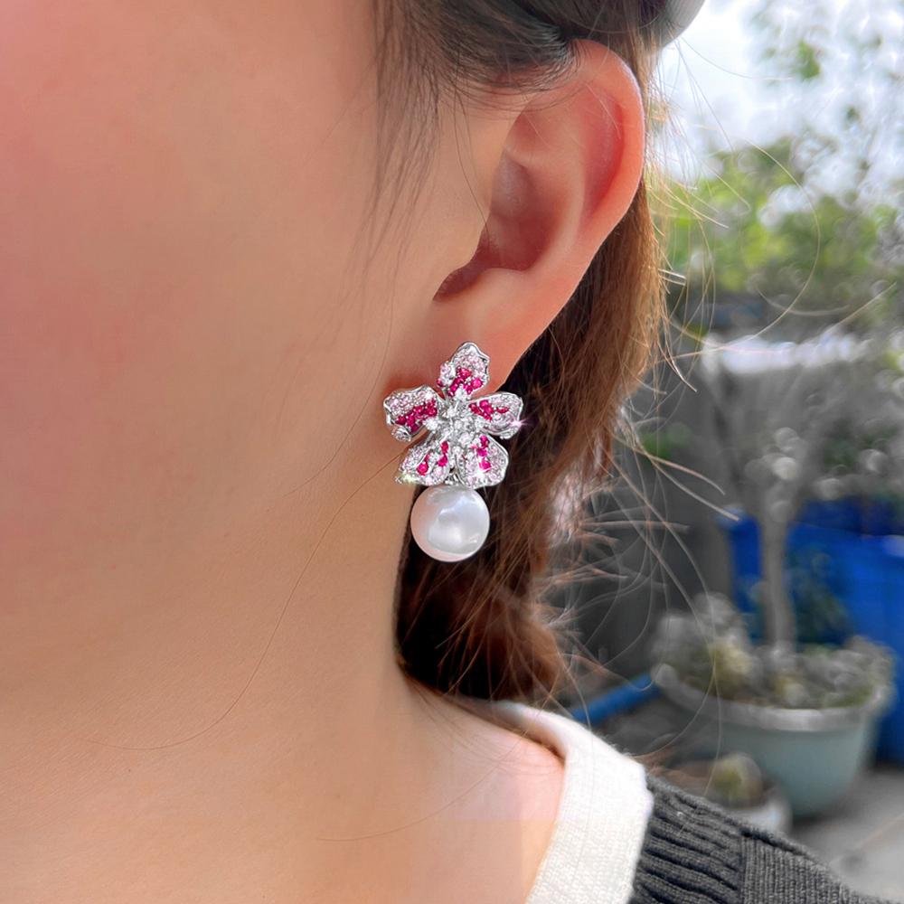 Изысканные серьги-подвески с цирконами, с кубическим цирконием нежного розово-красного цвета, в виде милого цветка и жемчуга, для женщин, шикарные украшения для свадебной вечеринки E1157