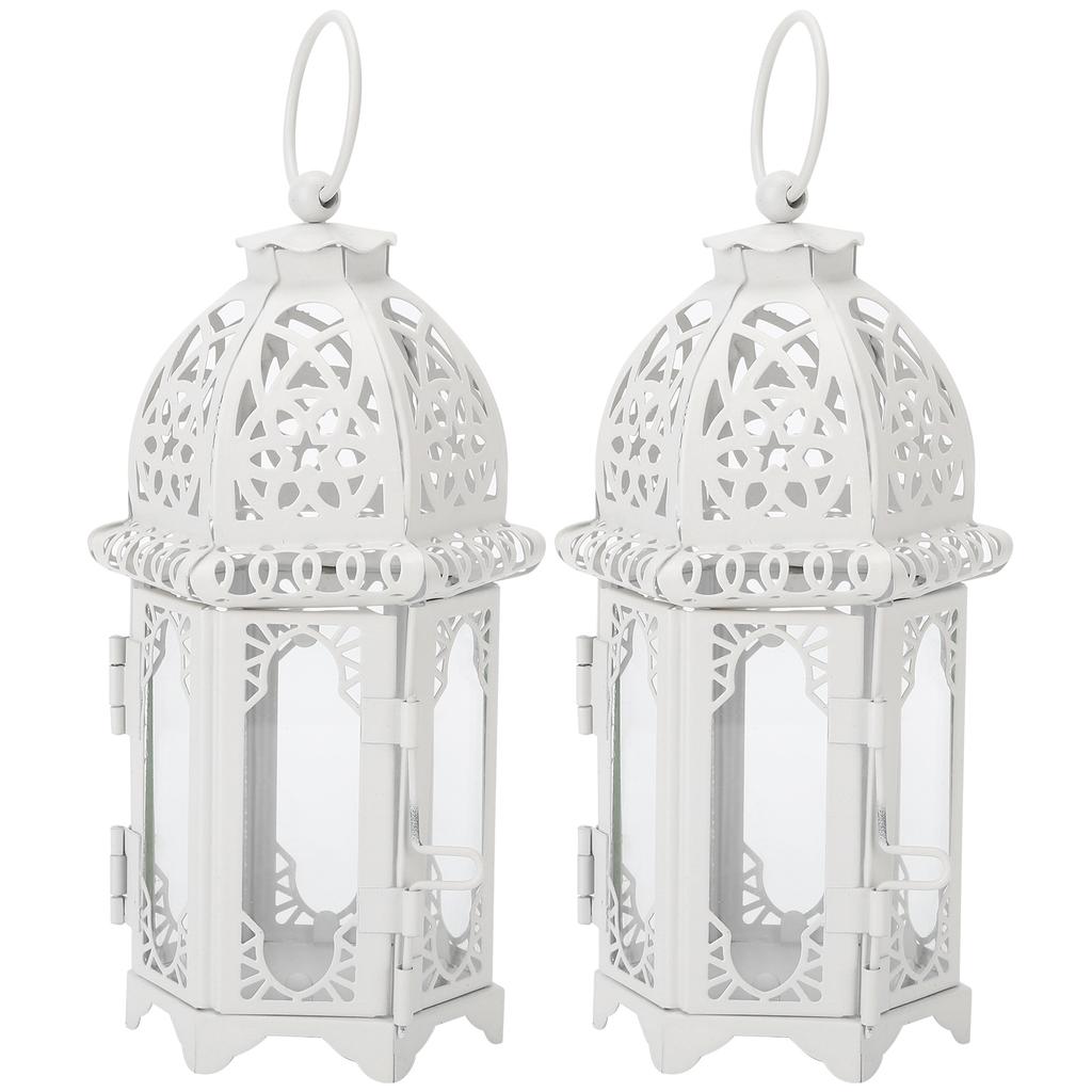 2Pcs Candlestick Ornaments White Transparent Romantic Castle Iron Hanging Candle Holder