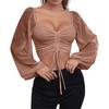 Ladies Casual Solid Color Square Neck Pullover Mesh Splicing Sexy Fashion Top