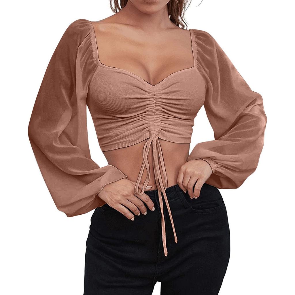Ladies Casual Solid Color Square Neck Pullover Mesh Splicing Sexy Fashion Top