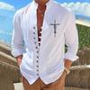 Cotton Blouse Beach Style Top Man Long Sleeved Stand Up Collar Letters Printed Retro Slim Fit Men's Casual Shirts