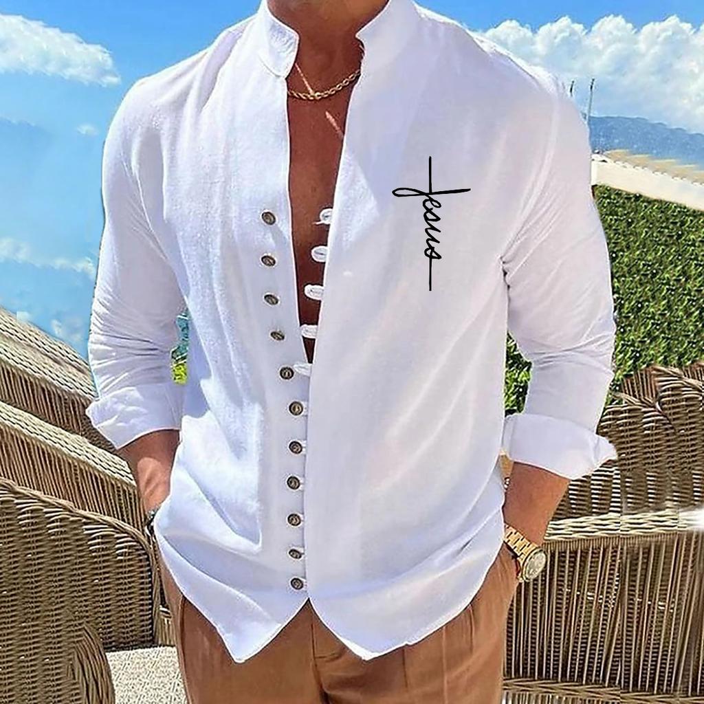 Cotton Blouse Beach Style Top Man Long Sleeved Stand Up Collar Letters Printed Retro Slim Fit Men's Casual Shirts