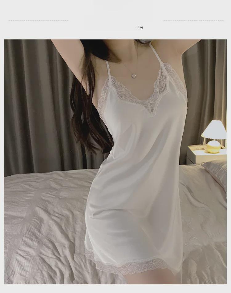 Летняя женская ночная рубашка из ледяного шелка с кружевом 2024 года — тонкая, сексуальная, высококачественная пижама