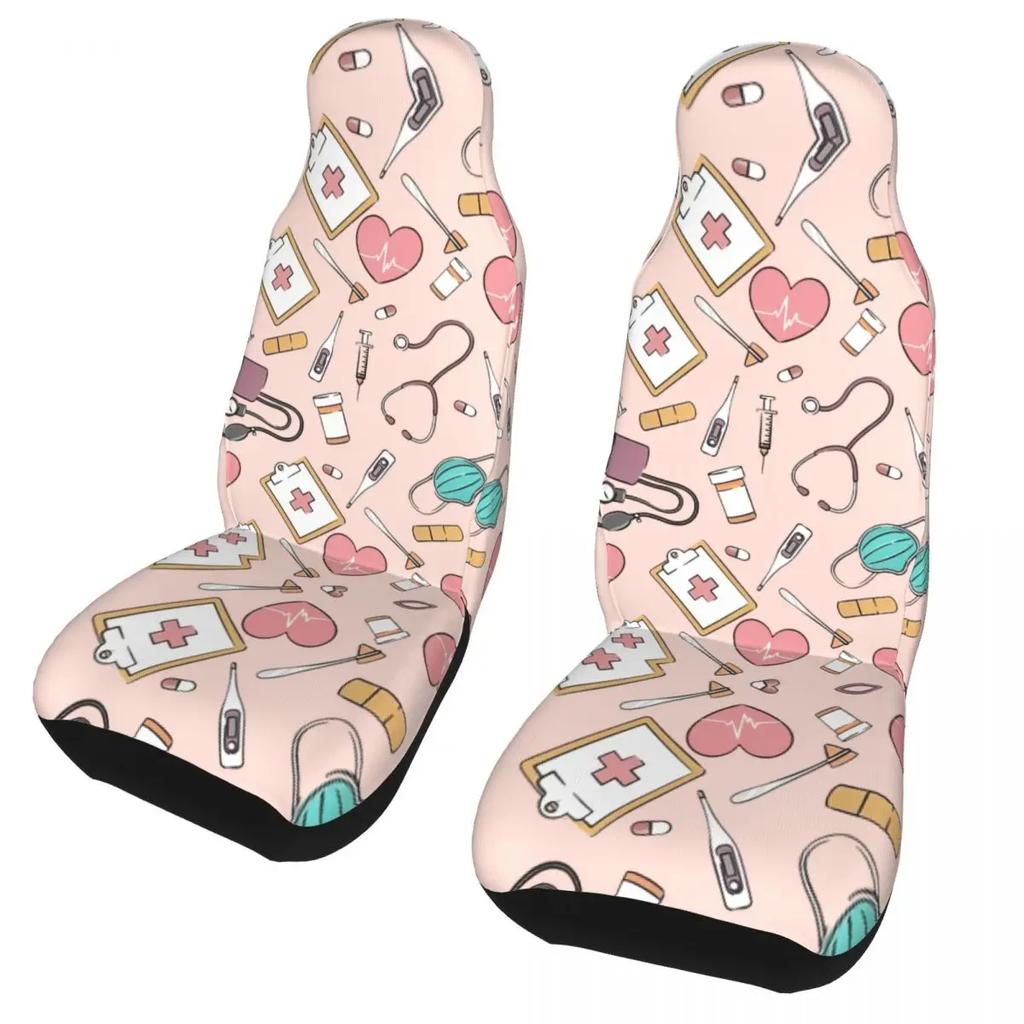 Шапка медсестры Узор сердечки Передний чехол на автосиденье для женщин Принт Чехлы для сидений для медсестер Подходят для любого грузовика, минивэна, дома на колесах, внедорожника 2 шт.