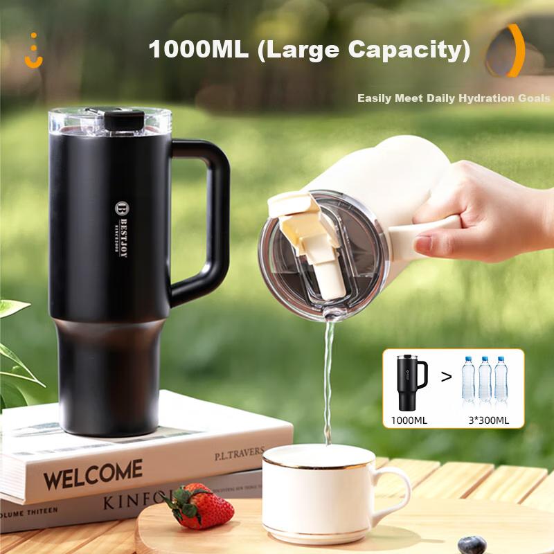 FUGURNG BESTJOY Insulated Mug, Large Capacity Ice Cup, Cold-Keeping Cup, 316L Stainless Steel with Handle, Dual-Use 1000ml Car Water Bottle