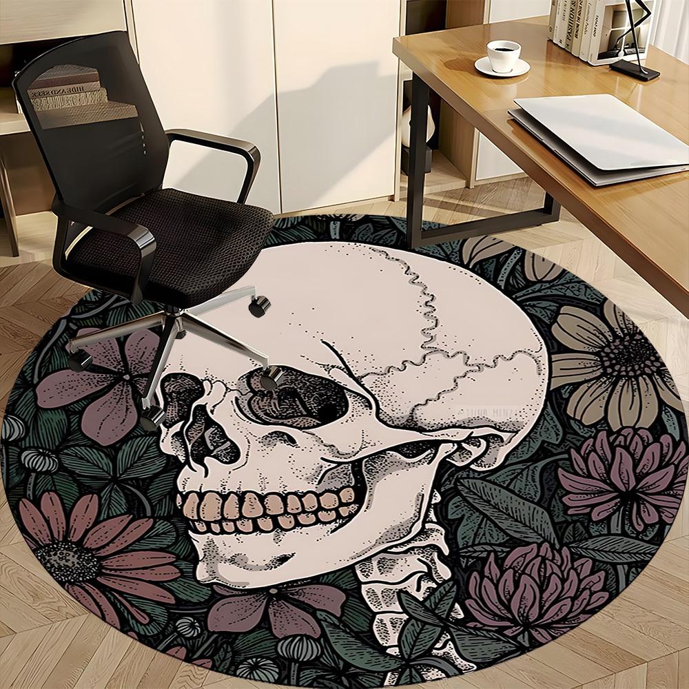 1PC Skull Flowers Office Round Area Rug, Indoor Mat Suitable For Office, Under Office Chairs Bedroom Living Room Home Decor, Room Decos003