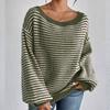 Women's Fall/Winter Loose One-line Shoulder Off-the-shoulder Knit Vintage Lantern Sleeve Striped Sweater