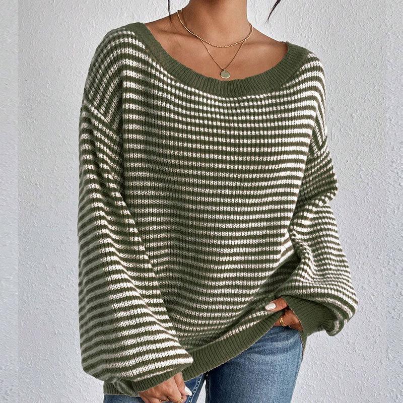 Women's Fall/Winter Loose One-line Shoulder Off-the-shoulder Knit Vintage Lantern Sleeve Striped Sweater