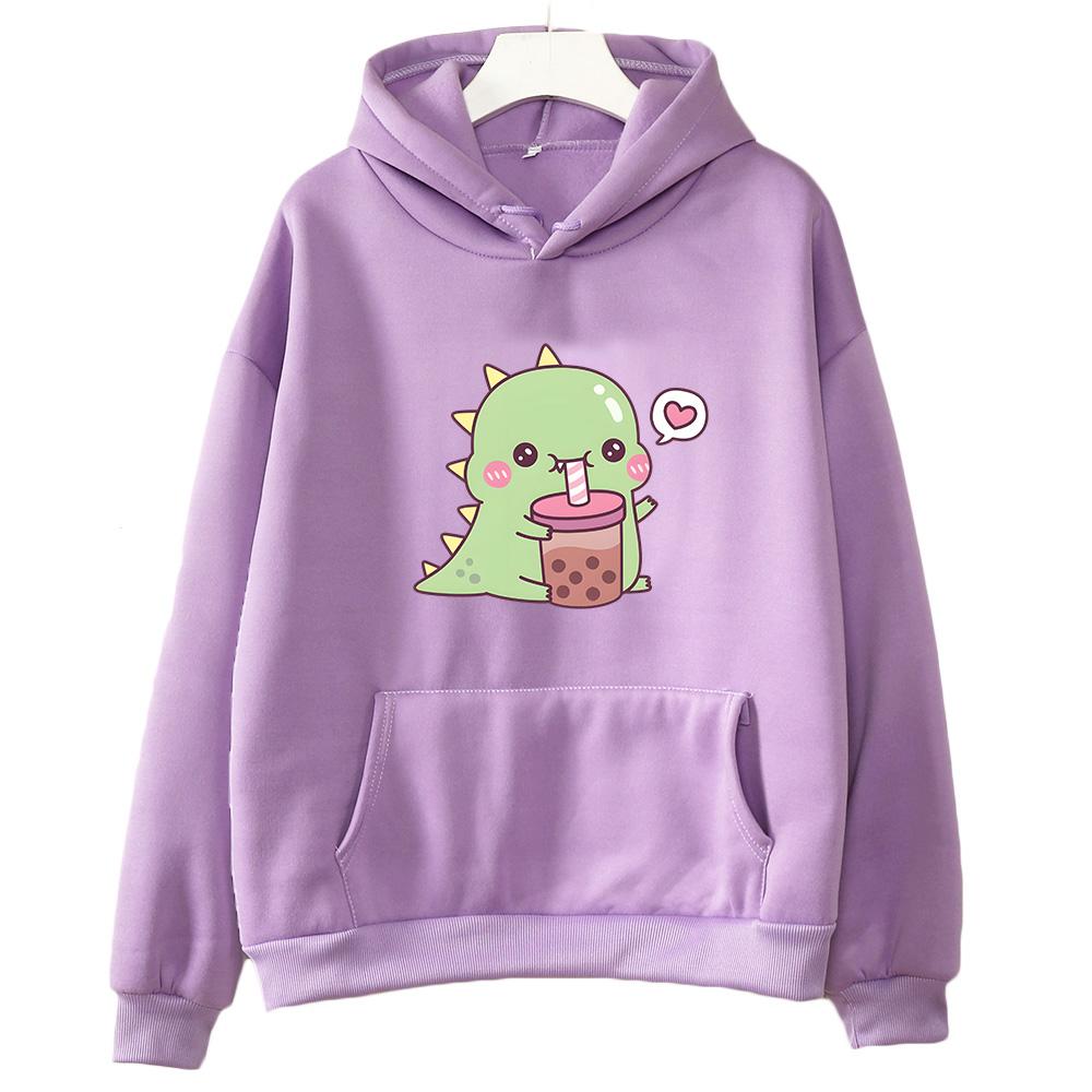 Kawaii/милый Boba Tea Dinosaur Hoodies Women/Men Casual Hoody Winter Fleece Clothing Long Sleeve Korean Esthetic Pullover