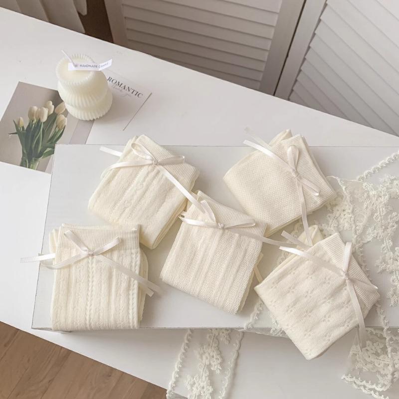 Summer Thin Hollow Mid-tube Socks with Side Bow Ribbon Ballet Style Cream Lolita JK Mesh Socks