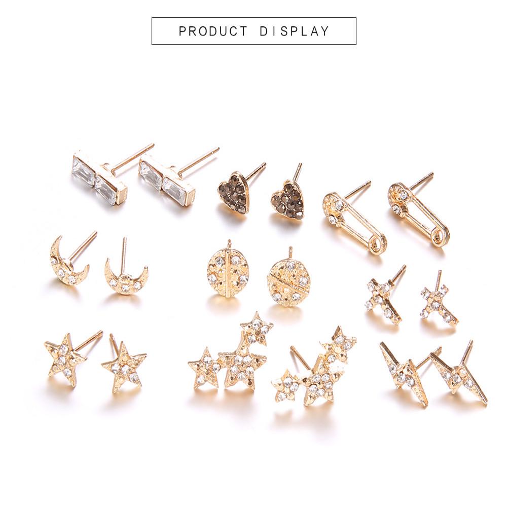GADBLESJEW 9 Pairs/set Moon Stars Heart Lightning Bijoux Crystal Stud EarringS