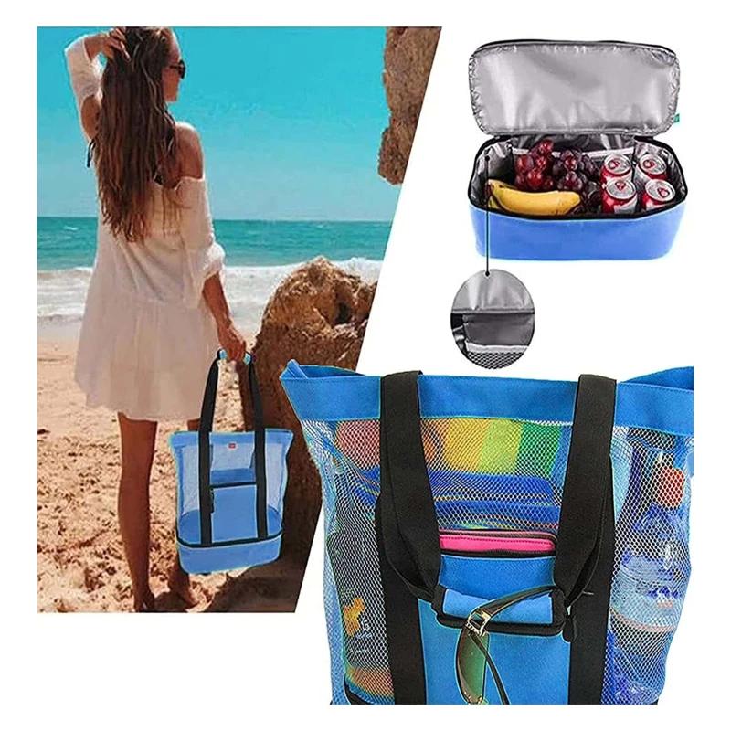 Double Layered Beach Shoulder Bag, Lightweight Multifunctional Travel Mesh Bag, Outdoor Bag with Insulation Layer