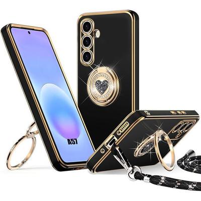 Чехол для Samsung Galaxy A57 5G, Силиконовый с Шнурком и Вращающимся Кольцом, Блестящий Рисунок Сердца - Черный