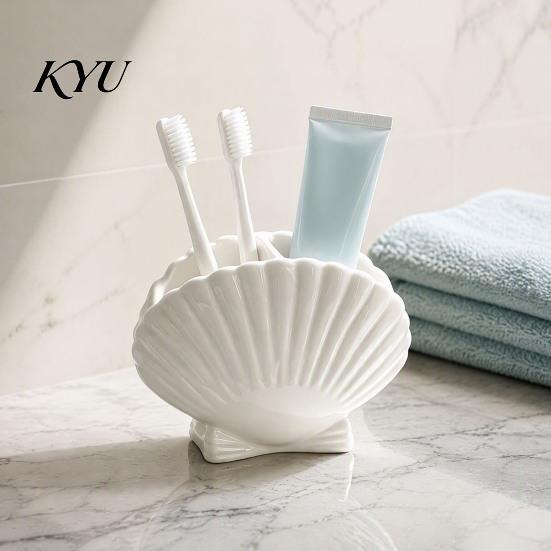 No Drill Toiletry Holder Shell Shape Toothbrush for Bathroom Countertop, 2 Compartments Waterproof Space Saving Storage Desktop Organizer, Ocean Style