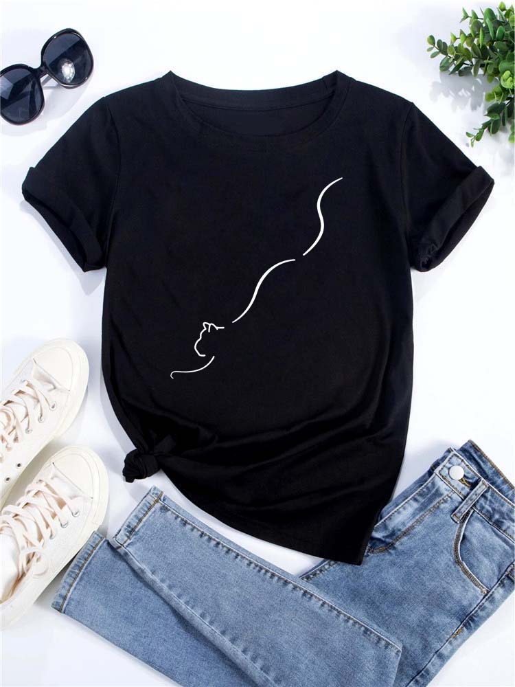 O Neck Tshirt Comfortable Cute Love Heart Cat Print Casual Short Sleeve Top Summer Women's Clothing Cartoon Streetwear