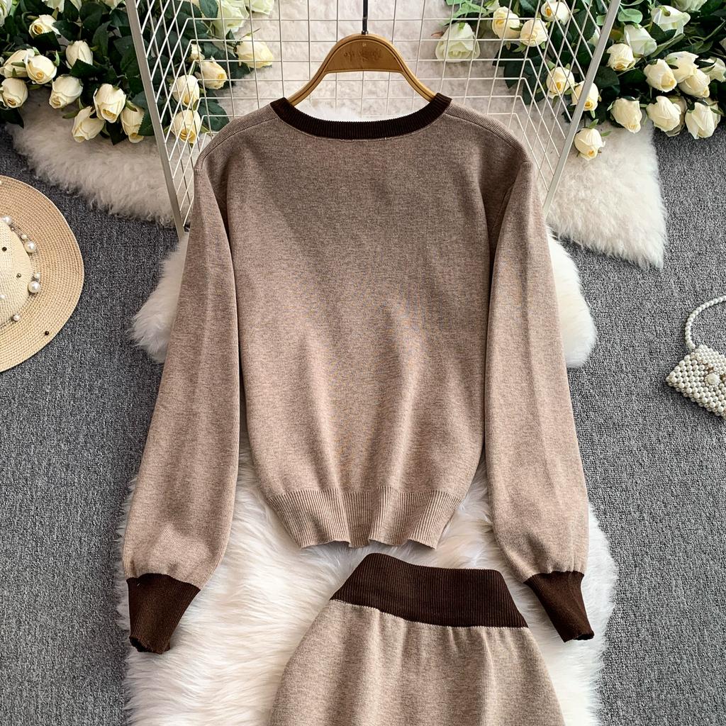 Autumn Winter Women Casual Knitted Sweater Two Piece Set V-neck Pullover Tops and Long Maxi Big Swing Skirt Suit