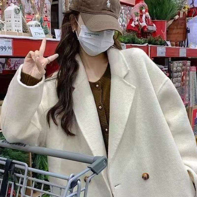Autumn and Winter Korean Style Long Hair Baby Camel Wool Double-sided Wool Coat Double-breasted Simple High-end Coat New Style for Women
