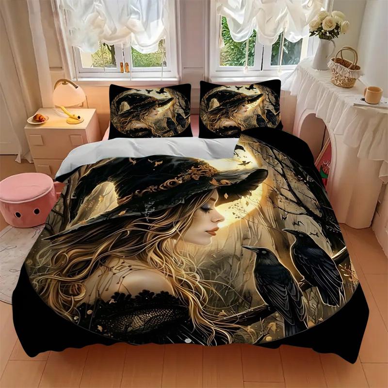 3pcs Witch's Moonlit Journey Bedding Set - Includes Quilt Cover and Pillowcases, Suitable for All Seasons J094