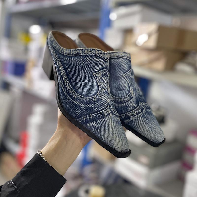 Мода 2025 Новые Ретро Ковбойские Мюли Полубосоножки Женские Мюли на Каблуке Тапочки Британский Квадратный Носок Короткие Ботинки Средний Каблук Текстильная Обувь Синий