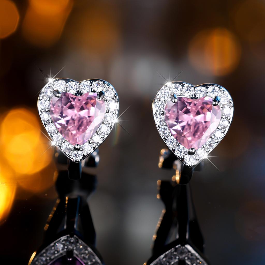 1 Pair Silvery Color Heart Cut Pink Stone Clip Earrings Ear Clip Wedding Jewelry Gifts