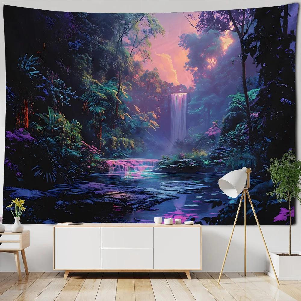 Dreamy landscape tapestry, waterfall, jungle flowers and birds, art decoration wall hanging, hippie home background cloth