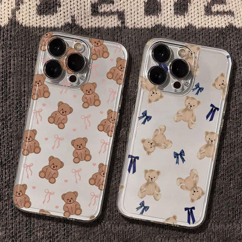 Cute Teddy Bear with Bow Pattern Phone Case for iPhone 17 16 15 14 13 12 11 16E Series Pro Max Plus Double Layer Protection