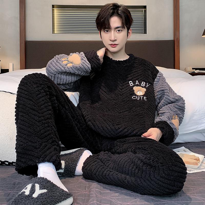 Мужская пижама из кораллового флиса, осень-зима, плюс утолщенный бархат, мужской зимний теплый фланелевый домашний служебный костюм