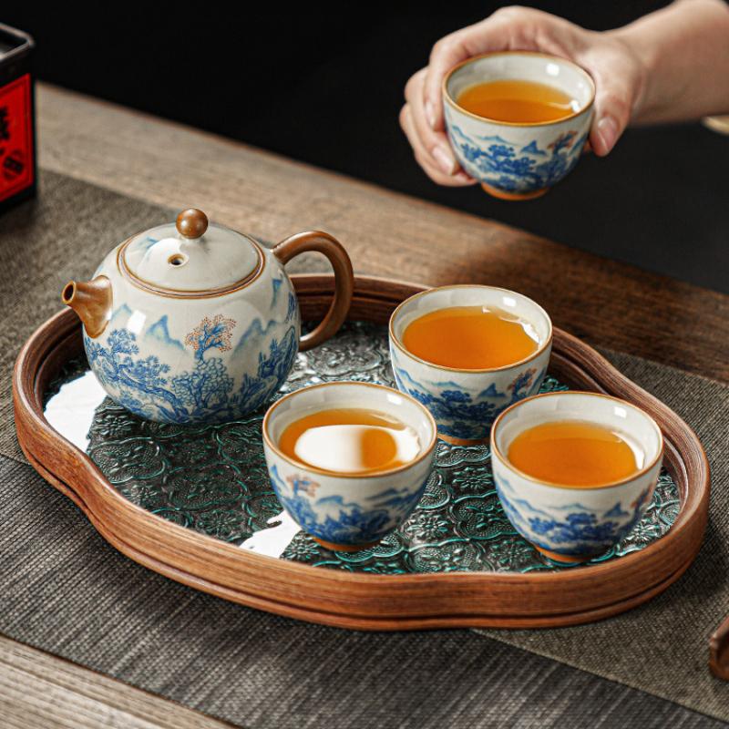 Huang Ru Kiln Retro Teapot Landscape Ceramic Teaware Simplicity Small Household Light Luxury High-end Kung Fu Tea Cup Tea Tray