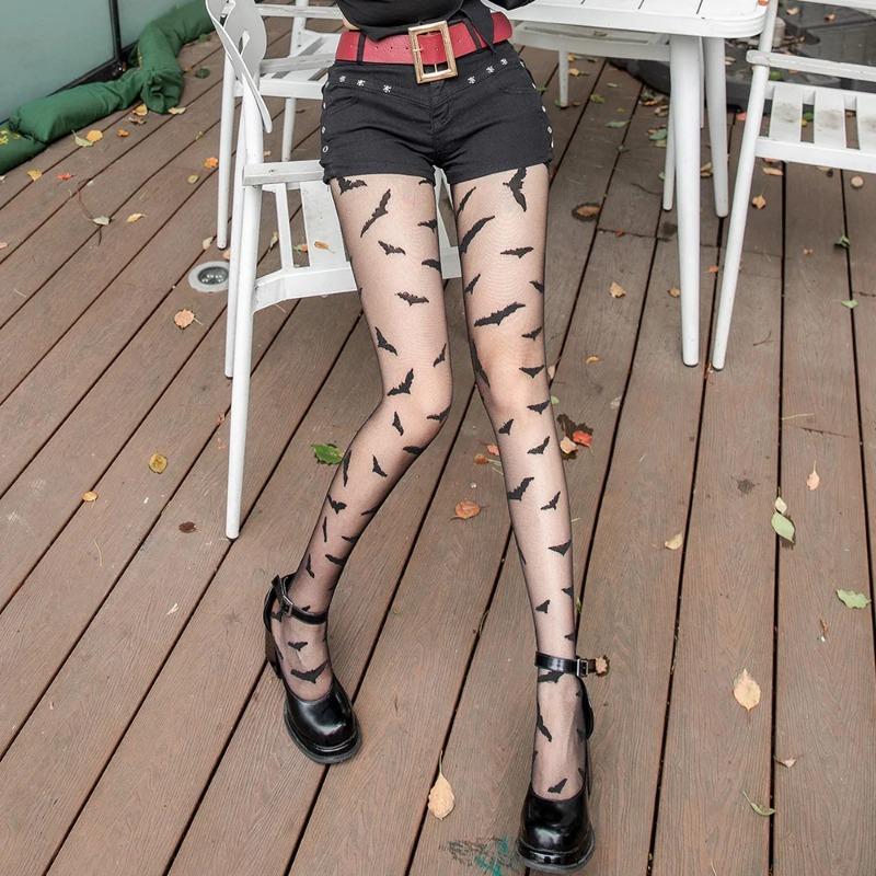 New Women Bat Pattern Nylon Pantyhose High Waist Elasticity Tights Lolita Gothic Style Halloween Wear Stockings