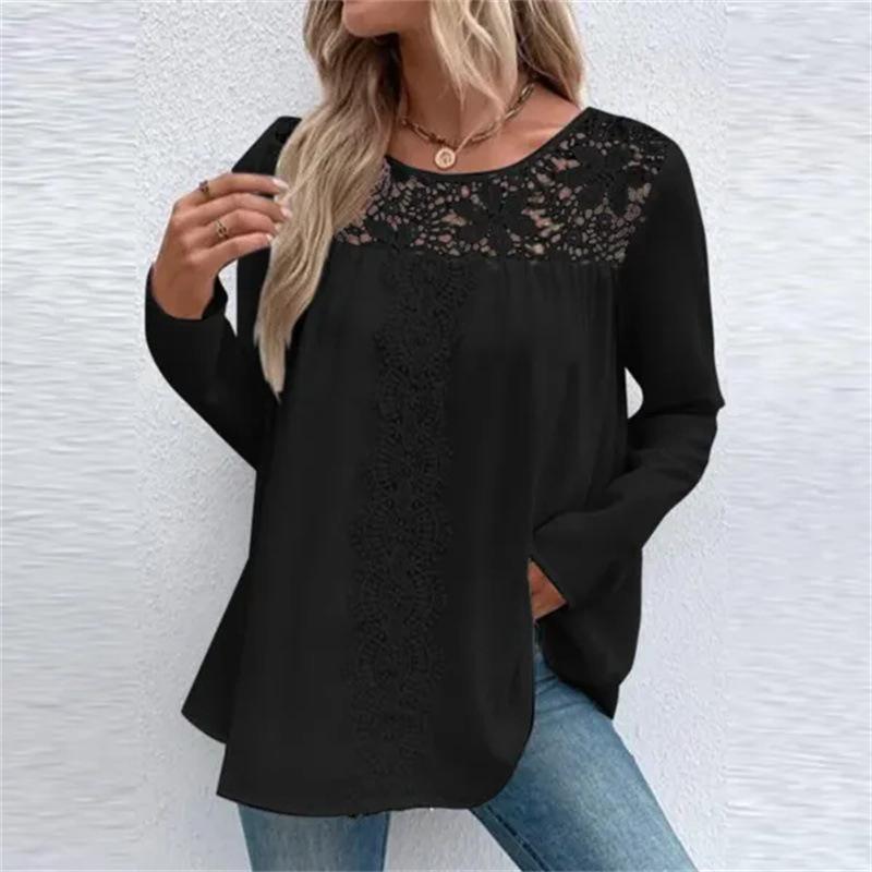 Женская блузка, повседневная, свободная, плиссированная, с ажурным кружевом, с круглым вырезом и длинным рукавом, футболка