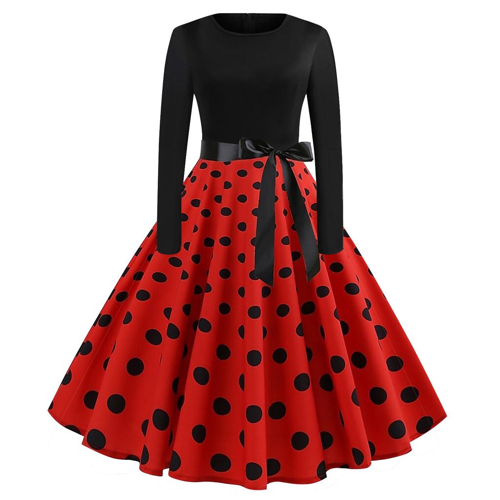 Women's Polka Dot Print Long Sleeve Dress Cutout Party Casual Round Neck Dress