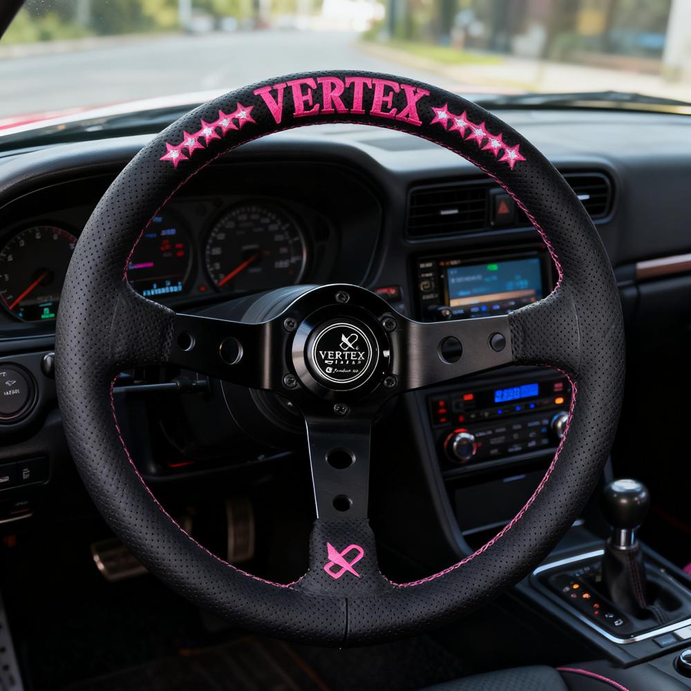 VERTEX Innovations Усиленный кронштейн 5 мм Рулевое колесо 320 мм Черная кожа Розовая вышивка Спортивное рулевое колесо для дрифта