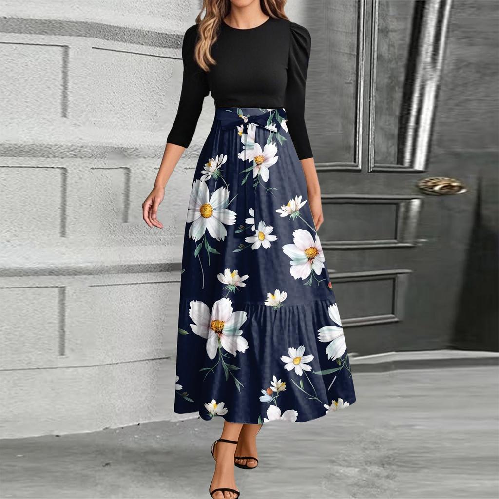 Женское модное повседневное платье с поясом и круглым вырезом, цветочной вышивкой, элегантное, темпераментное, с рукавами три четверти